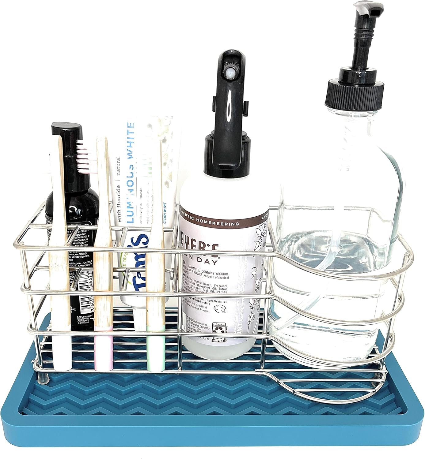 Silicone Kitchen Sink Organizer Tray and Sponge Holder | Zigzag Style (COOL GREY, 10" X 5.25")