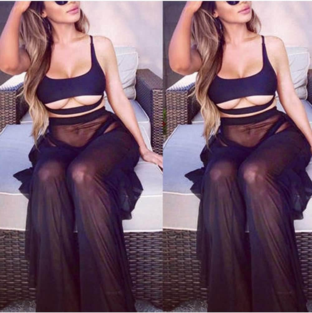 Women'S Ruffle Sheer Mesh Swimwear Bikini Cover up Pants See Through