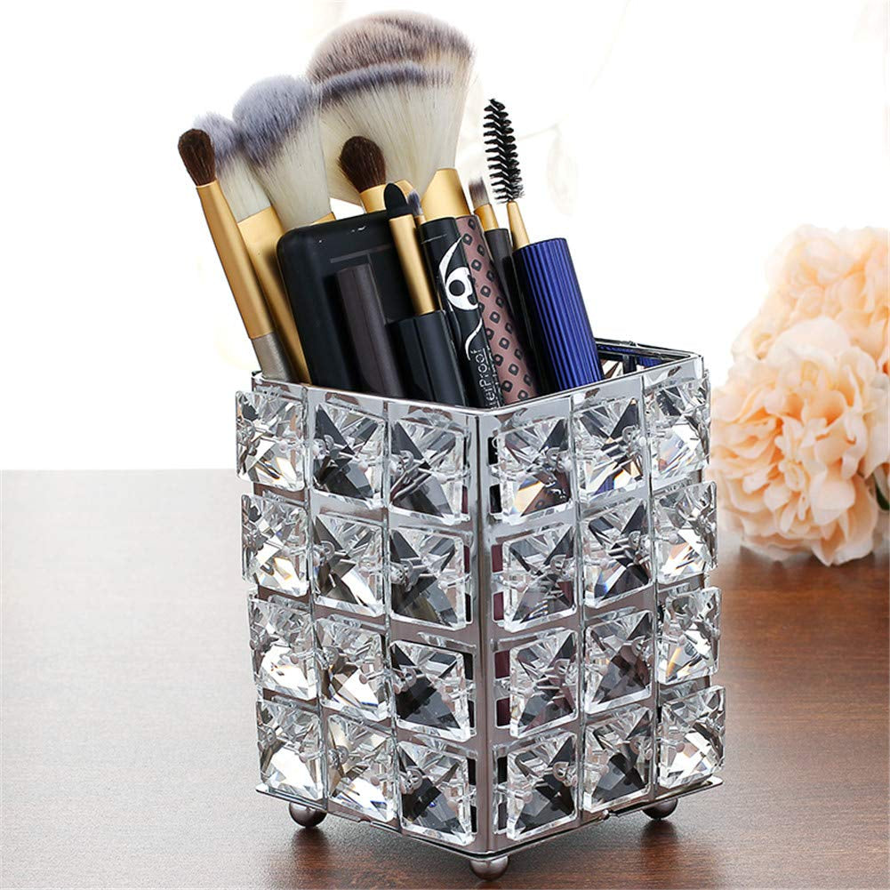 Makeup Brush Holder Organizer Cosmetic Brushes Storage Eyeliners Eyebrow Pencil Container Cup (Silver Square)