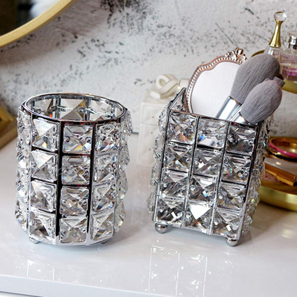 Makeup Brush Holder Organizer Cosmetic Brushes Storage Eyeliners Eyebrow Pencil Container Cup (Silver Square)