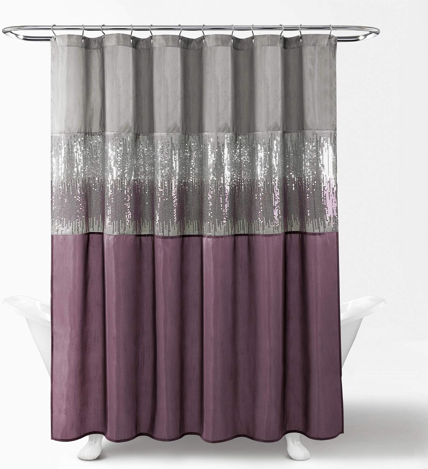 Night Sky Shower Curtain | Sequin Fabric Shimmery Color Block Design for Bathroom, 72" X 72", Grey and Purple