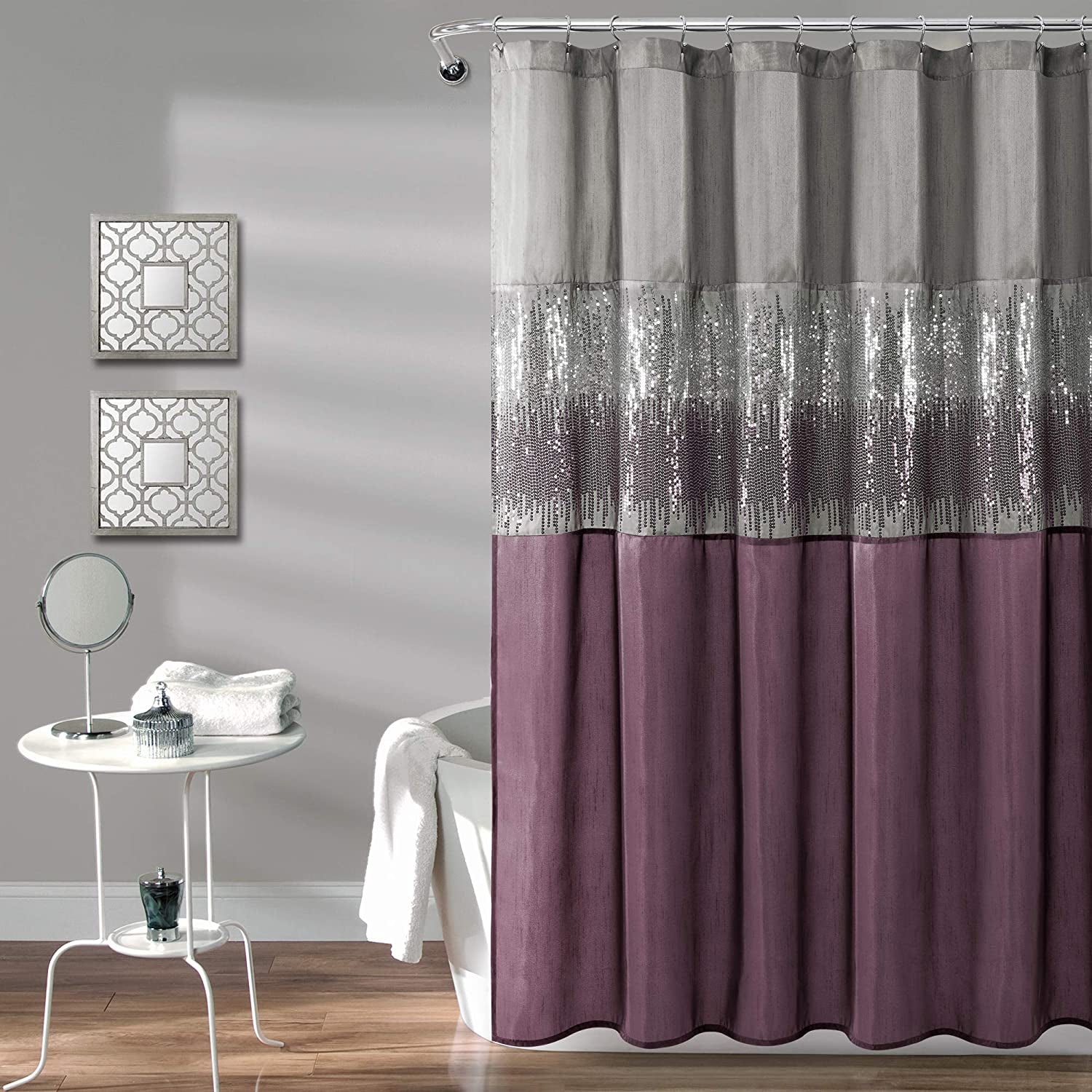 Night Sky Shower Curtain | Sequin Fabric Shimmery Color Block Design for Bathroom, 72" X 72", Grey and Purple